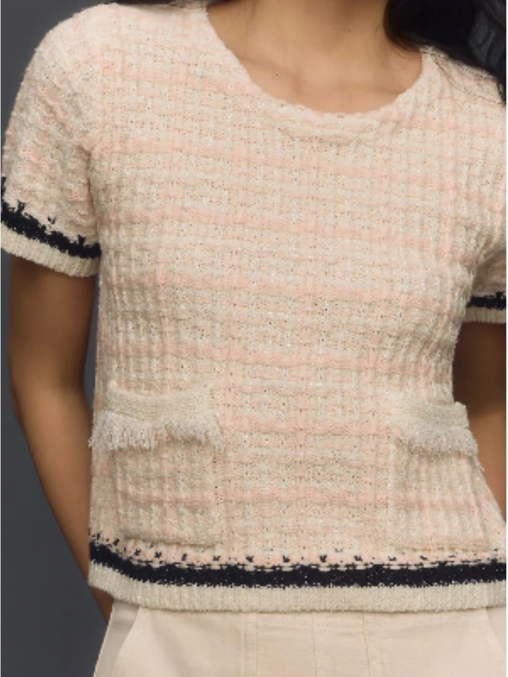Anthropologie Cream & Pink Tweed Short-Sleeve Crew Sweater with Black Trim